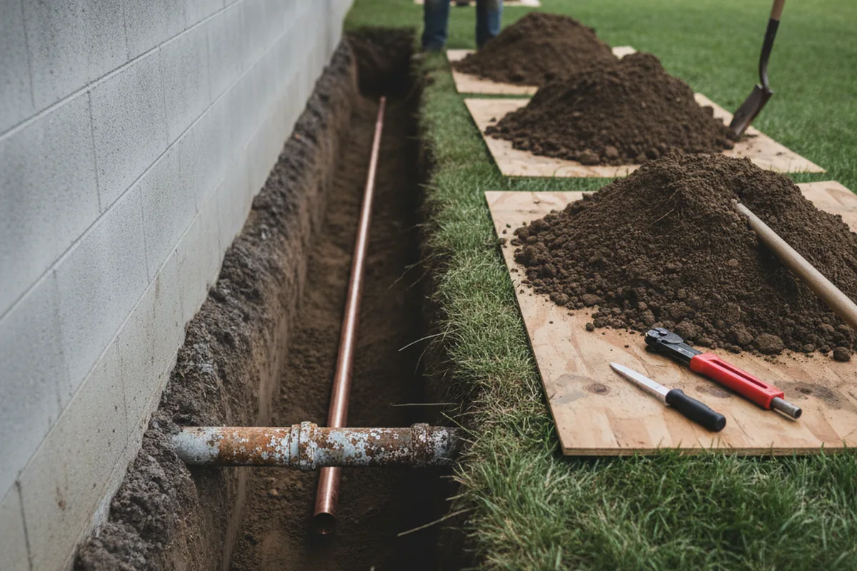Excavated water line trench during Sewer Line Repair in Tucker